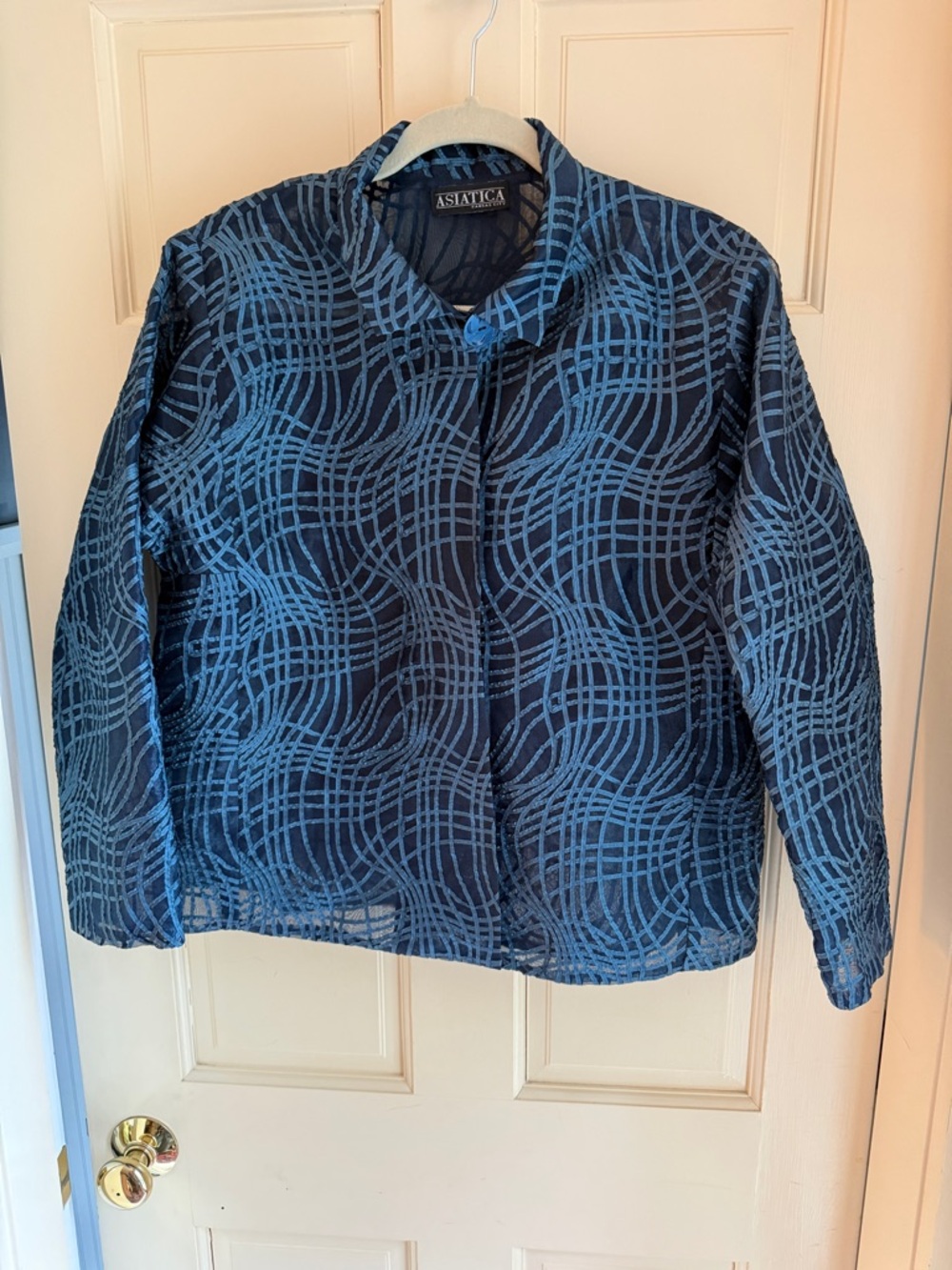 Asiatica vintage Navy Blue Patterned Silk Jacket - Picture 3 of 5